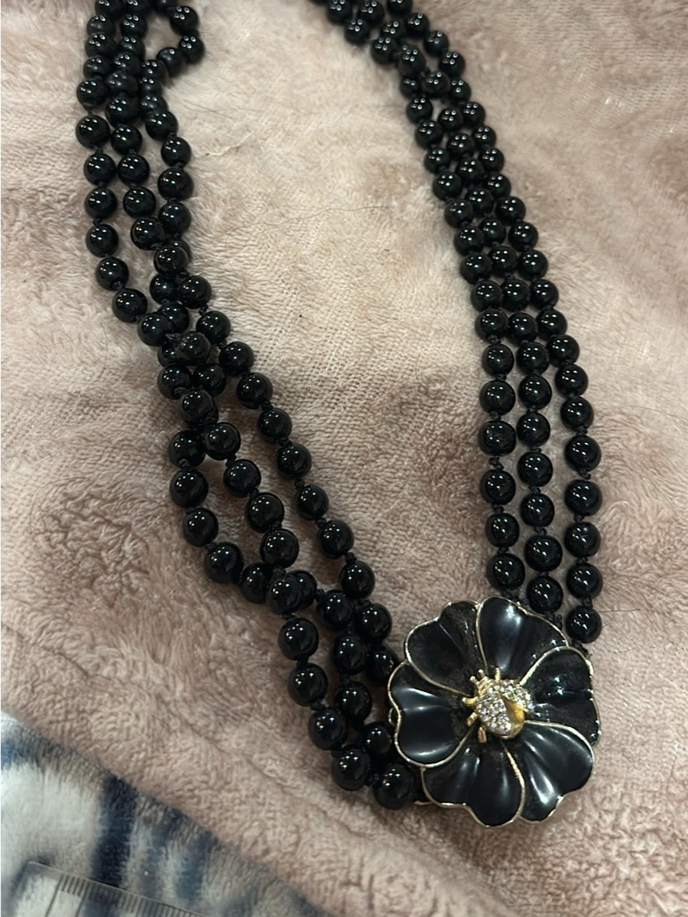 Stella & Dot Black Triple-Strand Beaded Necklace with Floral Pendant